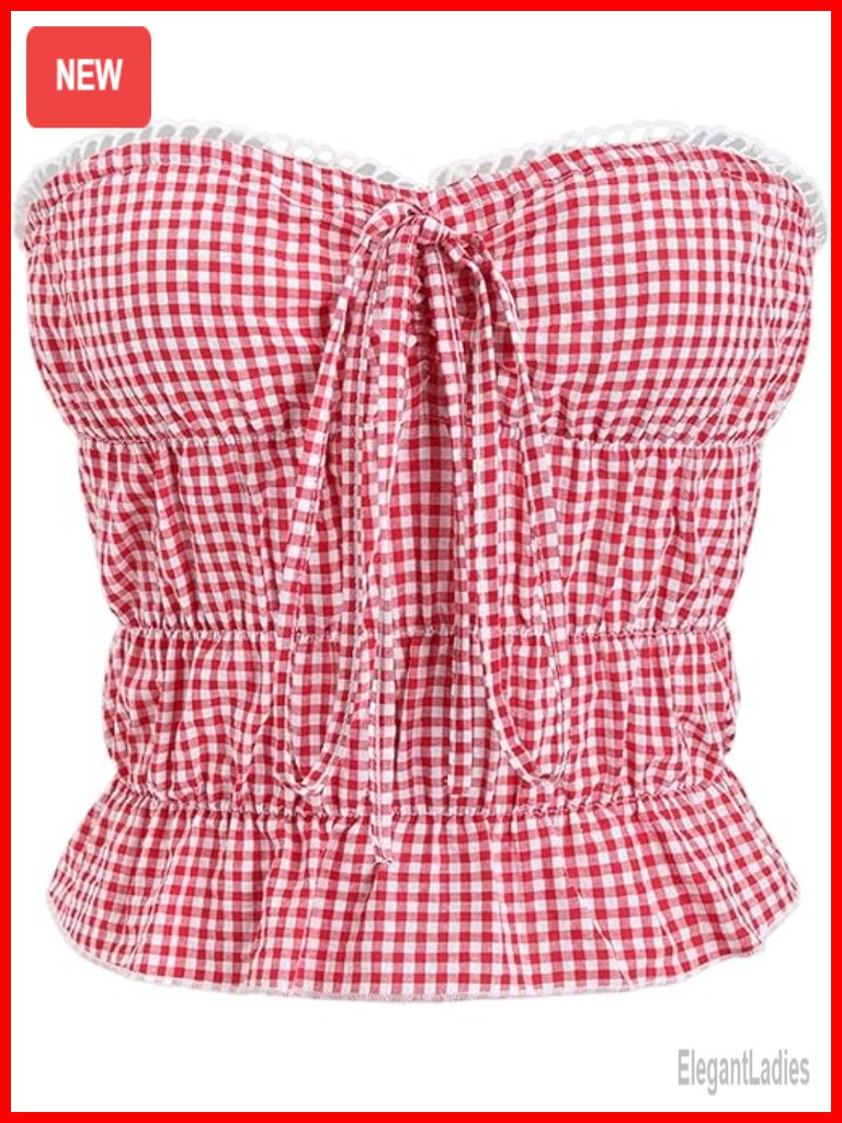 Gingham Crop Tube Top Plaid Bow Ruffle Hem Y2k Bandeau
